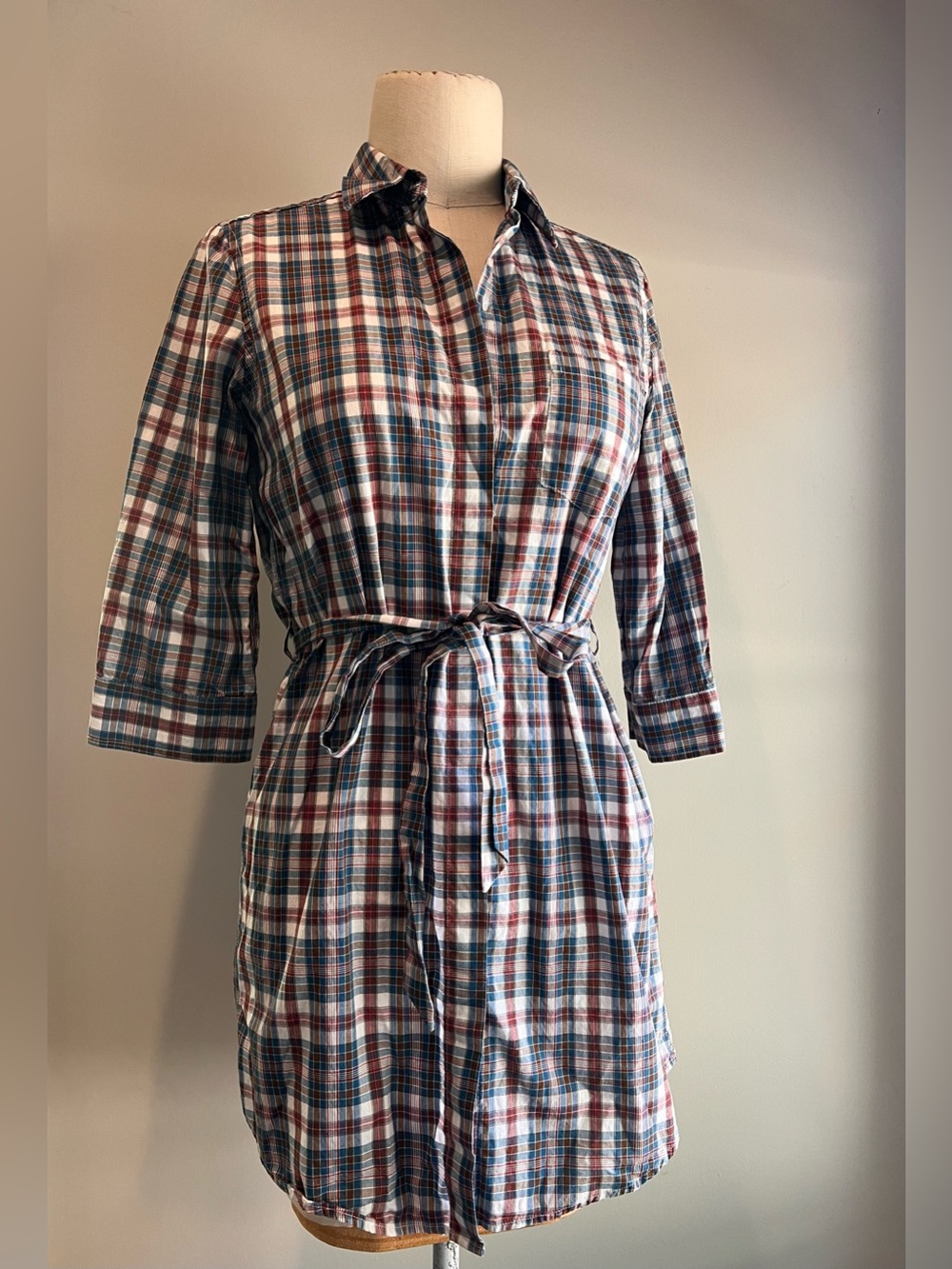 Steven Alan blue brown plaid shirt dress cotton 3/4 length sleeves sz small